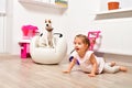 Cute naughty girl and a young dog breed Parson Russell Terrier