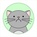 Cute Naughty, Grumpy Cat, Round Icon, Emoji. Gray Cat With A Whiskers Is Very Unhappy, Vector Image Isolated