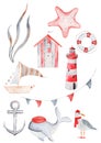 cute nautical element collection 10 pcs whale, sea house, life buoy, starfish, boat, lighthouse anchor, algae, seagull Royalty Free Stock Photo