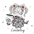 A cute needlewoman girl is crocheting an openwork napkin. Vector