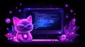 Cute neon cat programmer with glasses in futuristic digital art Royalty Free Stock Photo