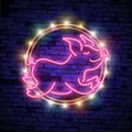 Cute Neon pig. Happy Chinese New Year 2019 design template vector. Chinese New Year of Pig greeting card, Light banner, neon style Royalty Free Stock Photo