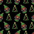 Cute neon seamless pattern with icons of elfs faces and Christmas trees on black background. Winter holidays, X-mas, New