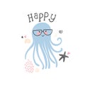 Cute nerd geek happy octopus with glasses clip art vector illustrator