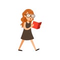 Cute nerd girl walking and reading book. Pupil with interested face expression in black dress and glassed. Cartoon