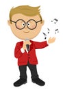 Cute nerd little boy with glasses sings with a microphone Royalty Free Stock Photo