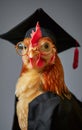 A cute nerdy chicken wearing a graduate gown and grad cap