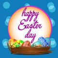 cute nest with eggs and easter lettering on blue background