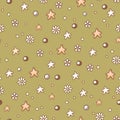 Cute neutral doodle blue star and daisy flowers seamless pattern