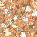 Cute neutral magic bunnies with amanita mushroom vector seamless pattern