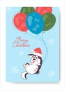 Cute new year card with a husky in a hat of santa claus flying on balloons. The inscription Merry Christmas, and illustration. Cut Royalty Free Stock Photo