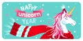 Cute New Year or Christmas greeting card with unicorn, Santa hat, scarf, stars on mint color background. Humor lettering