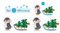 New Year penguin bird with holiday Christmas tree on sled find differences puzzle education children game. Kid logic task vector