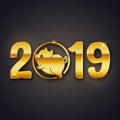 Cute New Year of the pig card, 2019 gold text design, vector ill