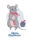 Cute new year poster. A gray mouse in a striped red and white shawl holds a Christmas tree toy, next to a present. Cute