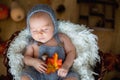Cute newborn baby boy, sleeping with autumn leaves in a basket a Royalty Free Stock Photo