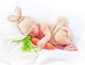 Cute newborn baby boy wearing knitted bunny costume Royalty Free Stock Photo