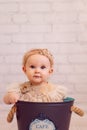 Cute newborn baby in creative decoration bucket bag. Infant girl sitting inside bowl. Pinky colours Royalty Free Stock Photo