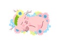 Cute Newborn Baby Girl in Flower Headband Sleeping on Spring Flowers Vector Illustration Royalty Free Stock Photo