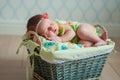 Cute newborn baby girl in a pink knit romper sleeping on a felted green blanket in a basket Royalty Free Stock Photo