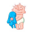 Cute newborn baby hugging toy bunny