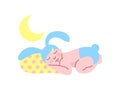 Cute Newborn Baby in Light Blue Bunny Cap and Diaper Sleeping at Night Vector Illustration