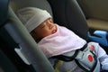 Cute newborn baby sleeping in car seat safety belt lock Royalty Free Stock Photo