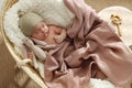 Cute newborn baby with toy bunny sleeping in cradle at home, top view Royalty Free Stock Photo