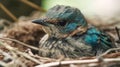 Cute Newborn Blue Bird In Nest - Generative AI