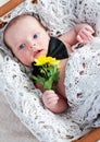 Cute newborn gentleman with flowers