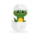 Cute newborn green dinosaur character, funny reptile in egg cartoon Illustration