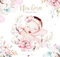 Cute newborn watercolor baby. New born child illustration girl and boy painting. Baby shower isolated birthday painting Royalty Free Stock Photo