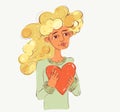 Cute and nice drawing of a young woman holding a big heart. Royalty Free Stock Photo