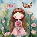 A cute, nice girl between flowers and butterflies in a meadow