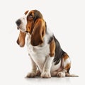 Cute nice red beige yellow dog breed basset hound isolated on white close-up, Royalty Free Stock Photo