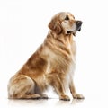 Cute nice red dog breed golden retriever isolated on white close-up, beautiful pet,