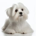 Cute nice white fluffy dog breed Maltese isolated on white close-up