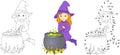 Cute and nice witch with cauldron brews magic potion