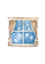 Cute night window blue sky. Kids bedtime hand drawn watercolor illustration on white background