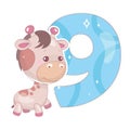 Cute nine number with baby giraffe cartoon illustration