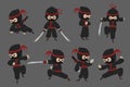 Cute ninja. Cartoon Japanese warrior with sword in different poses. Assassin in black camouflage suit attacks with Royalty Free Stock Photo