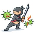 Cute Ninja Fight with Virus Cartoon. Ninja Vector Icon Illustration, Isolated on Premium Vector