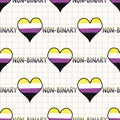 Cute non binary with text heart cartoon seamless vector pattern. Hand drawn isolated pride flag for LGBTQ blog