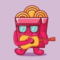 Cute noodle box character mascot playing guitar isolated cartoon in flat style