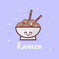 Cute noodle ramen bowl cartoon comic character with smiling face happy emoji kawaii style asian traditional food concept