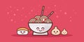 Cute noodle ramen bowl sushi and dumpling set cartoon comic characters with smiling faces happy emoji kawaii style asian