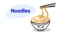 Cute noodles ramen bowl cartoon comic character with smiling face happy emoji kawaii hand drawn style asian traditional