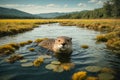 Cute North American River Otter Swimming in Calm River, created with Generative AI technology Royalty Free Stock Photo