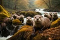 Cute North American River Otters on the bank of a river, created with Generative AI technology Royalty Free Stock Photo