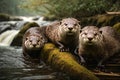 Cute North American River Otters on the bank of a river, created with Generative AI technology Royalty Free Stock Photo